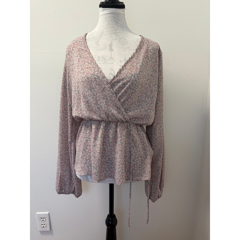 Vanilla Bay Floral Blouse Women Small Cottagecore Pink Wrap Peplum Long Sleeve